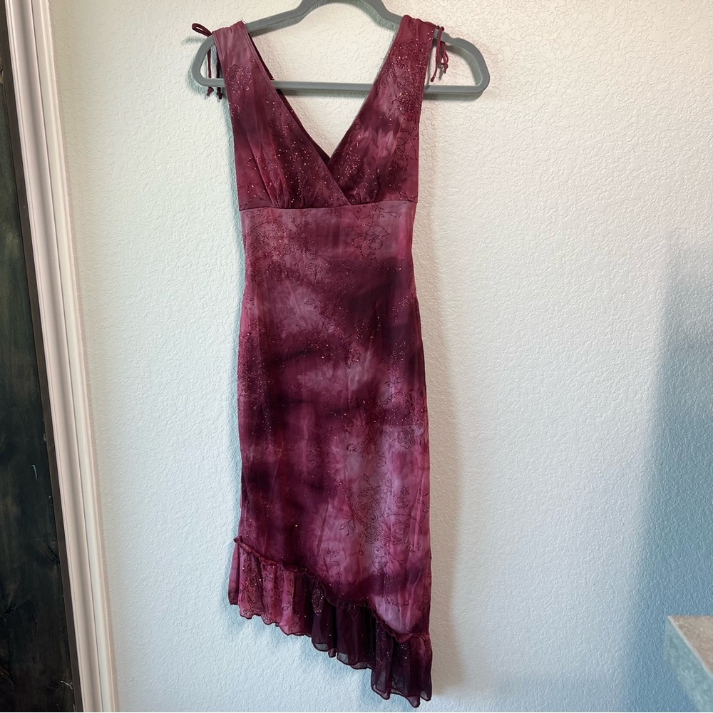 Vintage Rampage Asymmetrical Burgundy Dress Glitter Design Mesh Layer Y2K Small